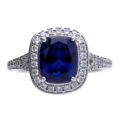 Solitaire silver ring with blue square shaped zirconia