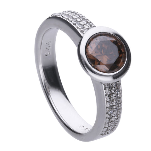 Solitaire silver ring with a brown stone.