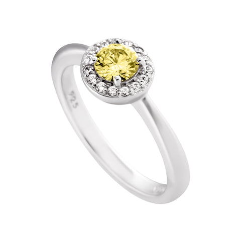 Solitaire silver ring with yellow Diamonfire zirconia and pave setting.