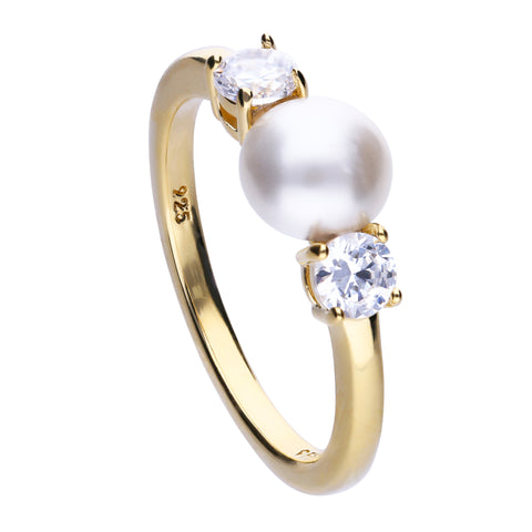 Golden ring with a pearl and white zirconias