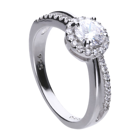 Solitaire ring with two loops, one with diagonally stones