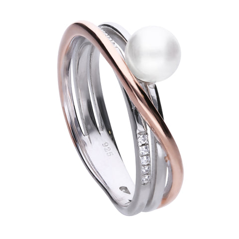 Two tone ring with a white pearl and white zirconia