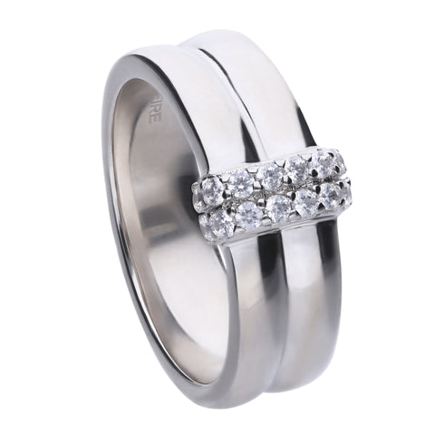 Double-row silver ring with white zirconia and pave setting in the middle