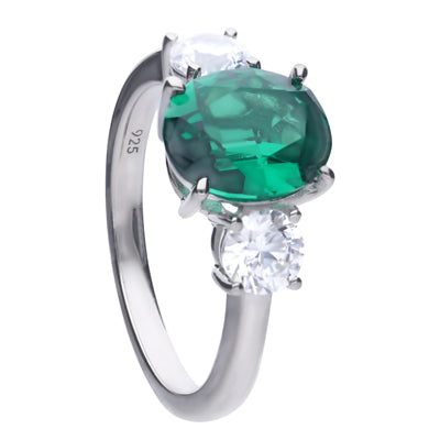 Silver ring with green oval shaped zirconia and prong setting