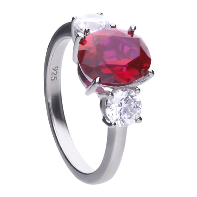 Silver ring with red oval shaped zirconia and prong setting