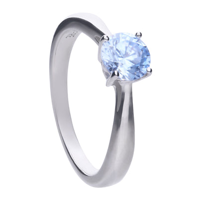 Silver solitaire ring with an aqua zirconia and prong setting