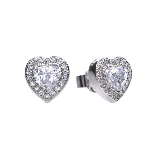 Silver heart shaped stud earrings with white zirconia and pave setting