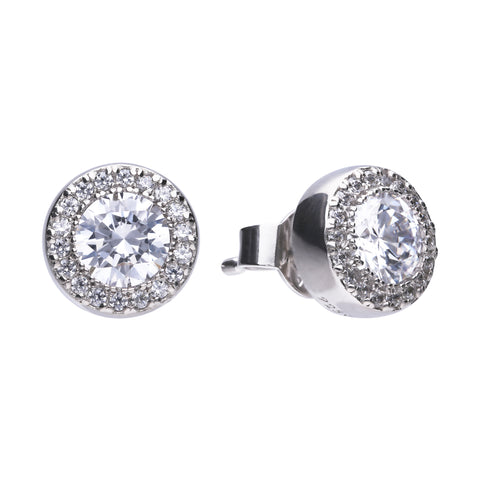 Round silver stud earrings with white zirconia and pave setting