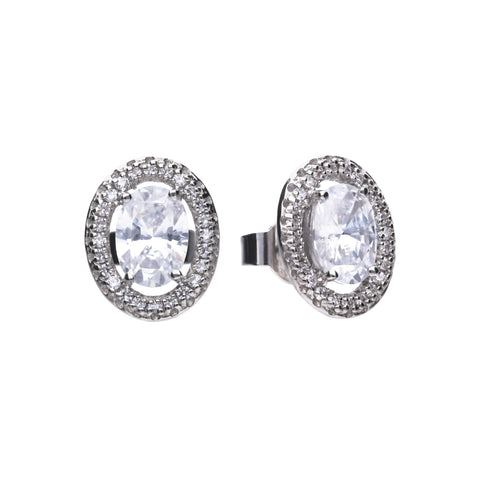 Silver oval stud earrings with white zirconia and pave