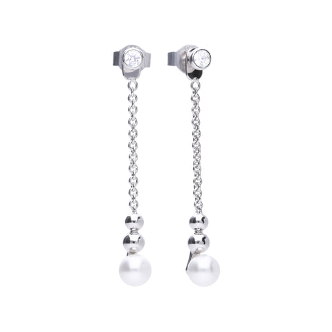 Long silver earrings with a pearl