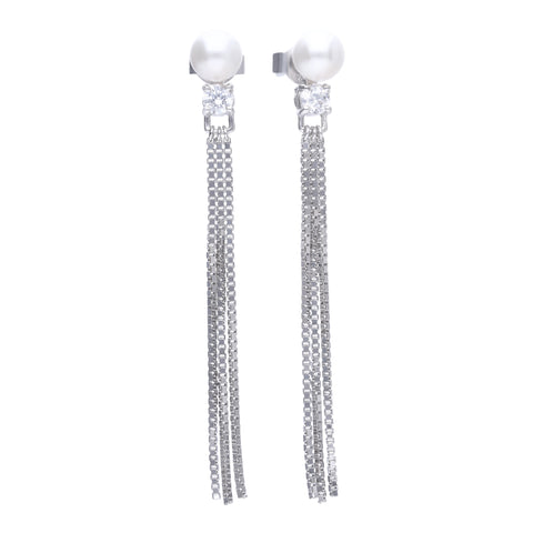 Long silver earrings with a pearl and chain strands