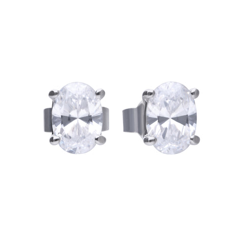 Silver oval solitaire stud earrings with a white zirconia