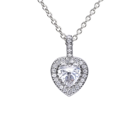 Silver heart shaped necklace with white zirconia and pave setting